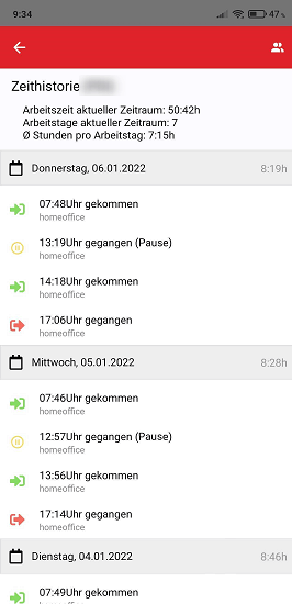 Stempelhistorie in der Loco-Soft App