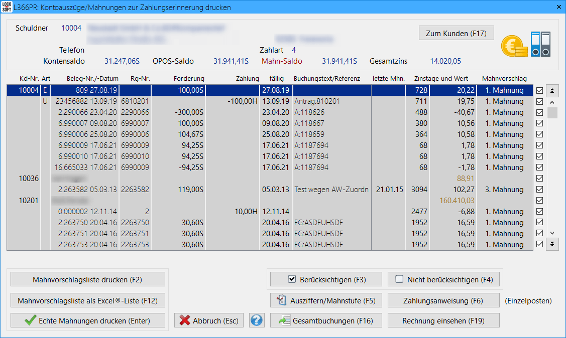 Pr. 366 Ausdruck der Mahnungen/Zahlungserinnerungen