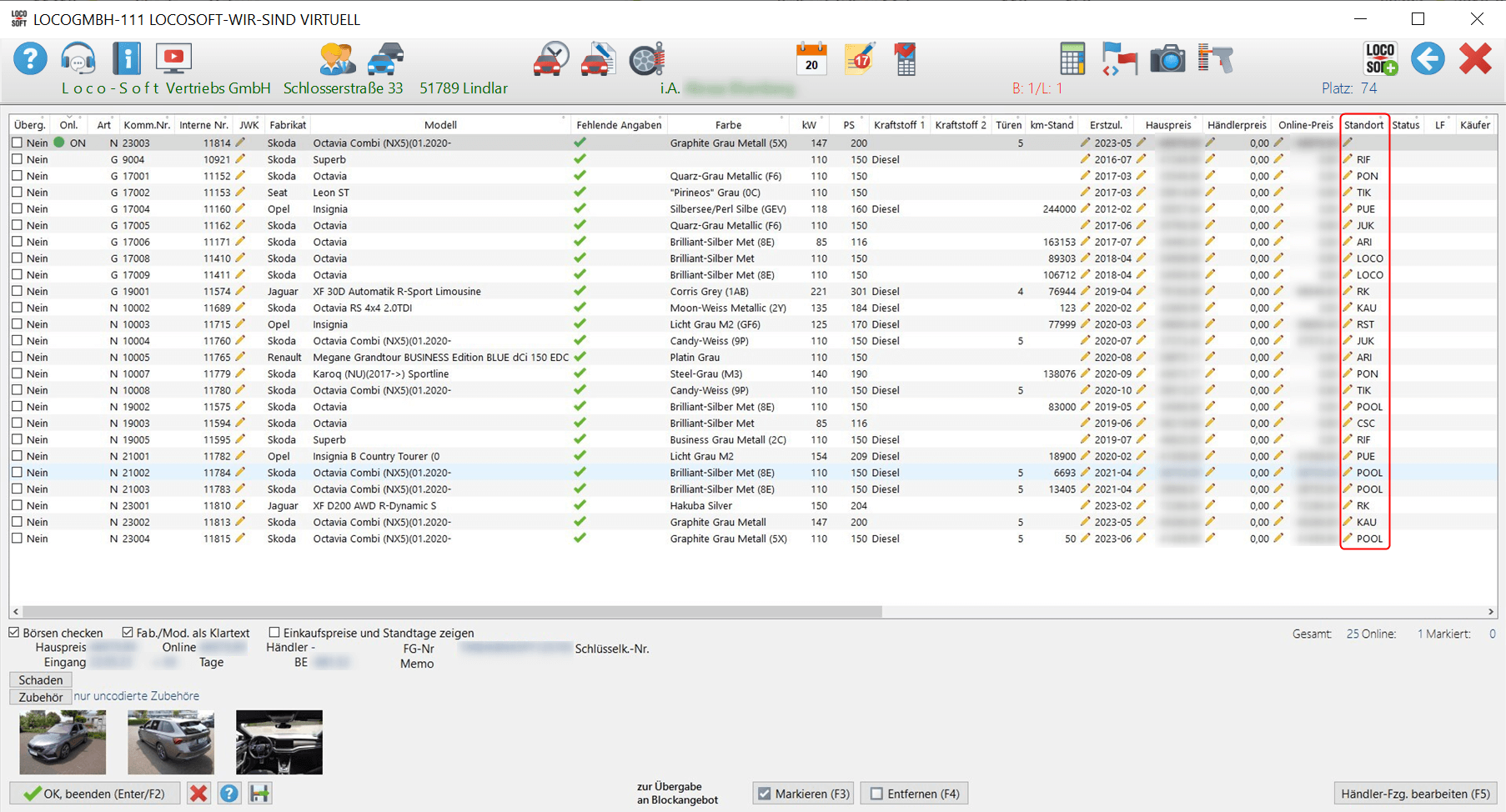 Pr.133: Fahrzeug im Händlerbestand suchen, mit Hinweis auf die Standortverwaltung