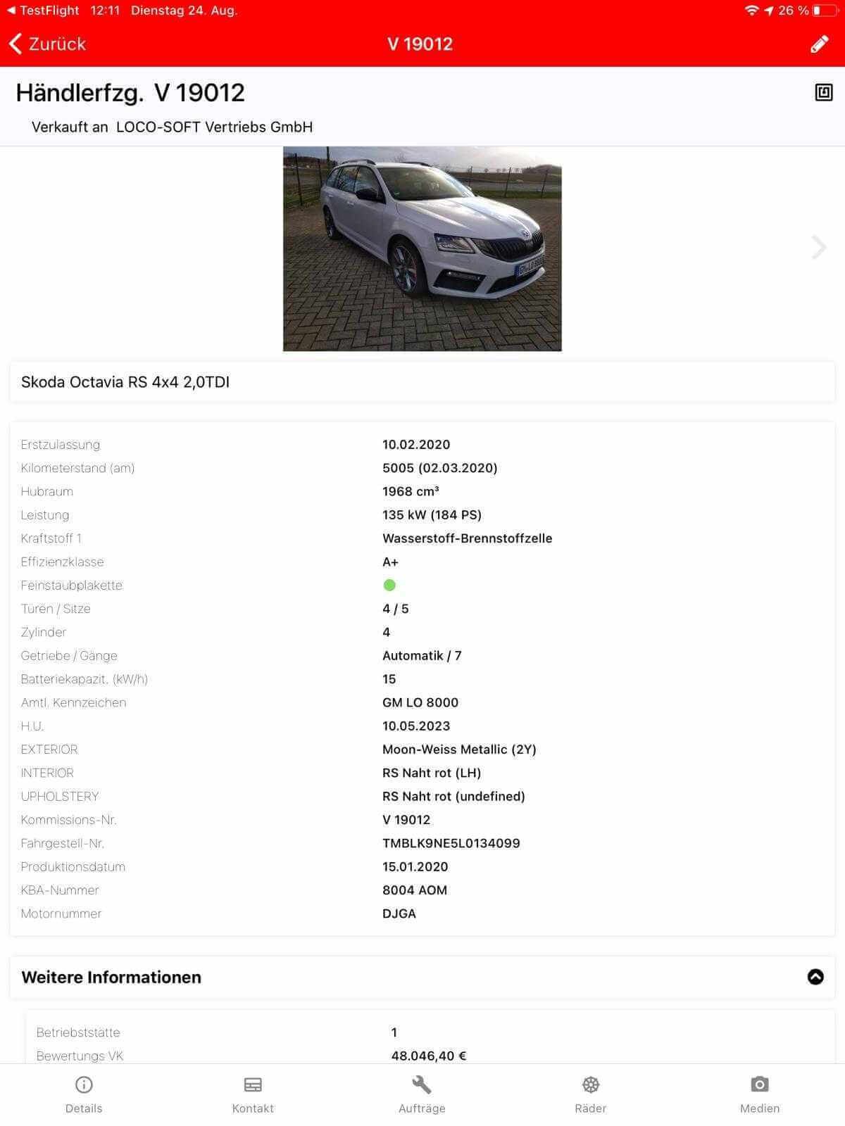 Pr.132 in der Mein-Autohaus App, mit Information der Betriebsstätte