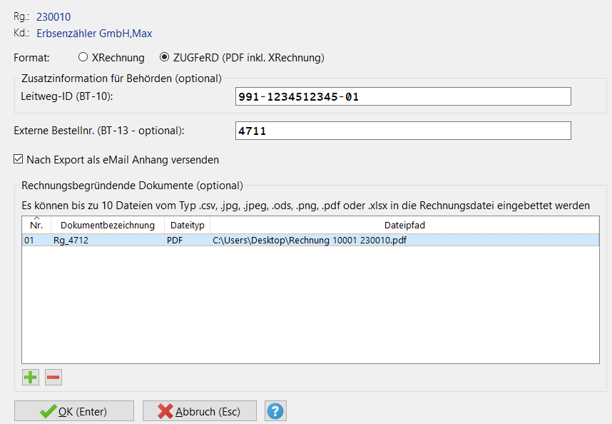 Loco-Soft E-Rechnung Zusatzdaten pflegen
